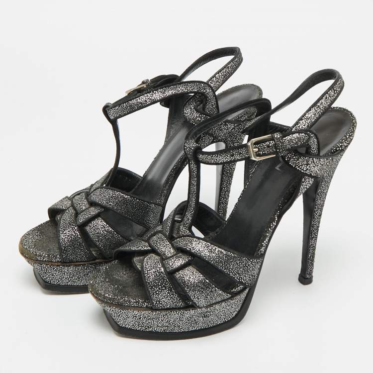 Pre Owned Saint Laurent  Tribute Size 39 Black/Silver Glitter Suede Platform Sandals