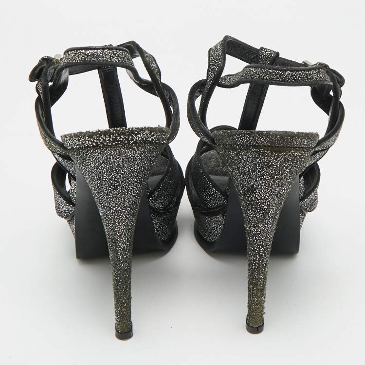 Pre Owned Saint Laurent  Tribute Size 39 Black/Silver Glitter Suede Platform Sandals