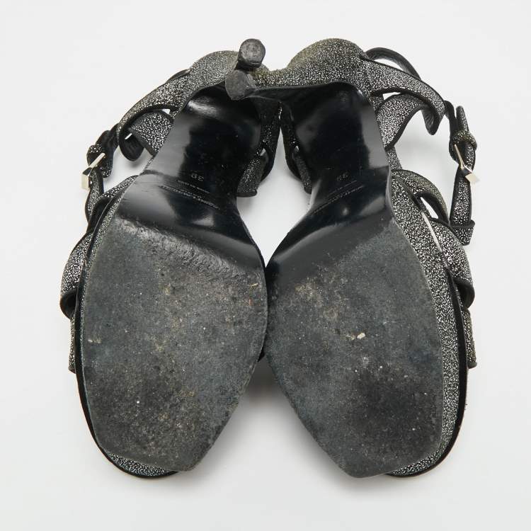 Pre Owned Saint Laurent  Tribute Size 39 Black/Silver Glitter Suede Platform Sandals