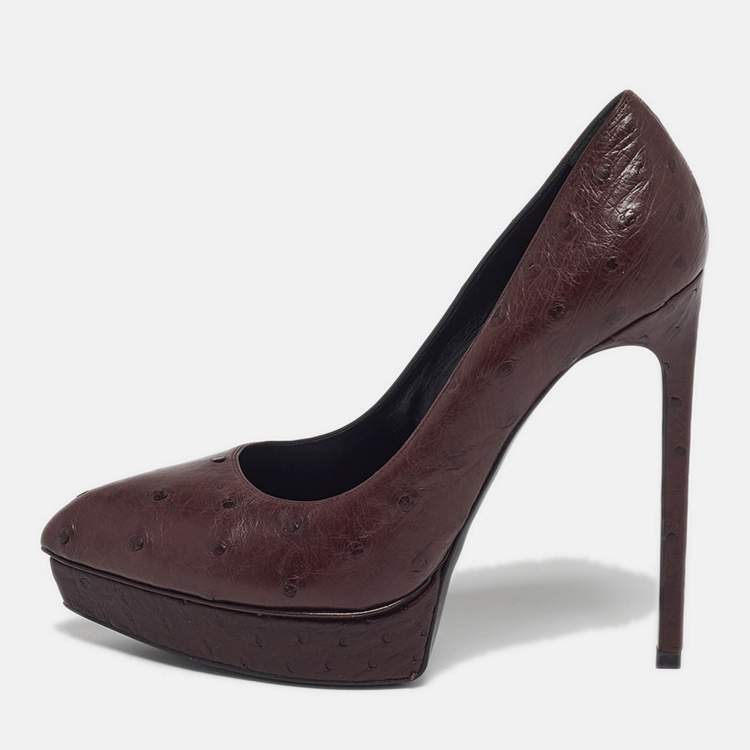 Pre Owned Saint Laurent Tribtoo Size 38 Brown Ostrich Leather Platform Pumps
