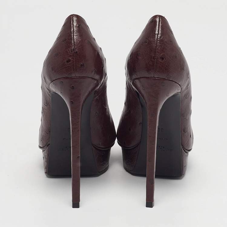 Pre Owned Saint Laurent Tribtoo Size 38 Brown Ostrich Leather Platform Pumps