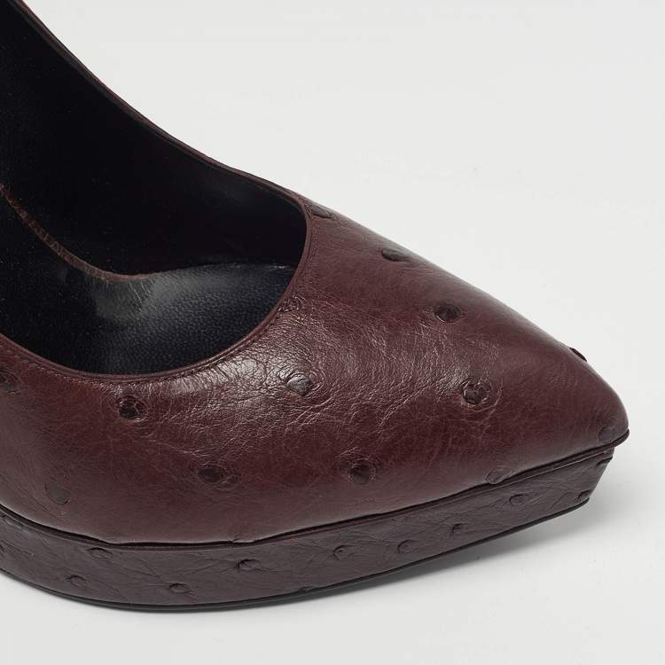 Pre Owned Saint Laurent Tribtoo Size 38 Brown Ostrich Leather Platform Pumps
