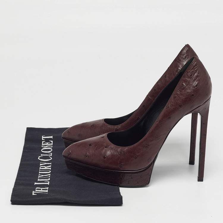Pre Owned Saint Laurent Tribtoo Size 38 Brown Ostrich Leather Platform Pumps