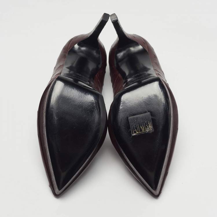 Pre Owned Saint Laurent Tribtoo Size 38 Brown Ostrich Leather Platform Pumps