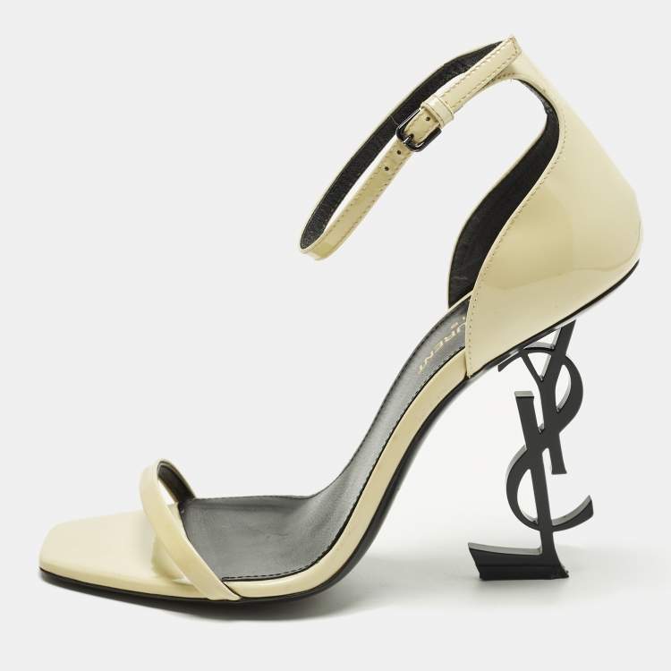 Pre Owned Saint Laurent Opyum Size 38 Cream Patent Leather Ankle Strap Sandals