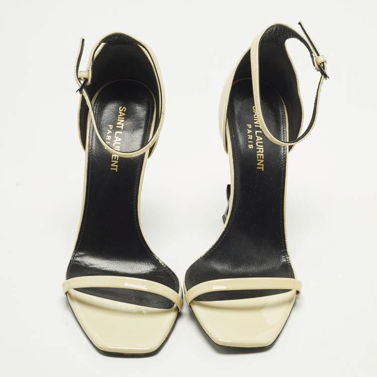 Pre Owned Saint Laurent Opyum Size 38 Cream Patent Leather Ankle Strap Sandals