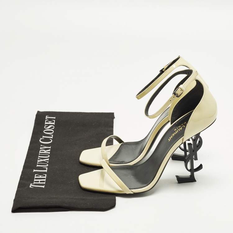 Pre Owned Saint Laurent Opyum Size 38 Cream Patent Leather Ankle Strap Sandals