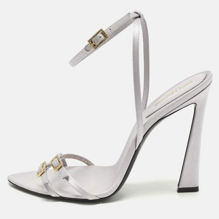 Pre Owned Saint Laurent lila110 Size 39.5 Grey Satin Ankle Strap Sandals