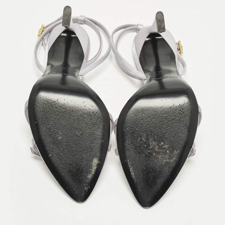 Pre Owned Saint Laurent lila110 Size 39.5 Grey Satin Ankle Strap Sandals