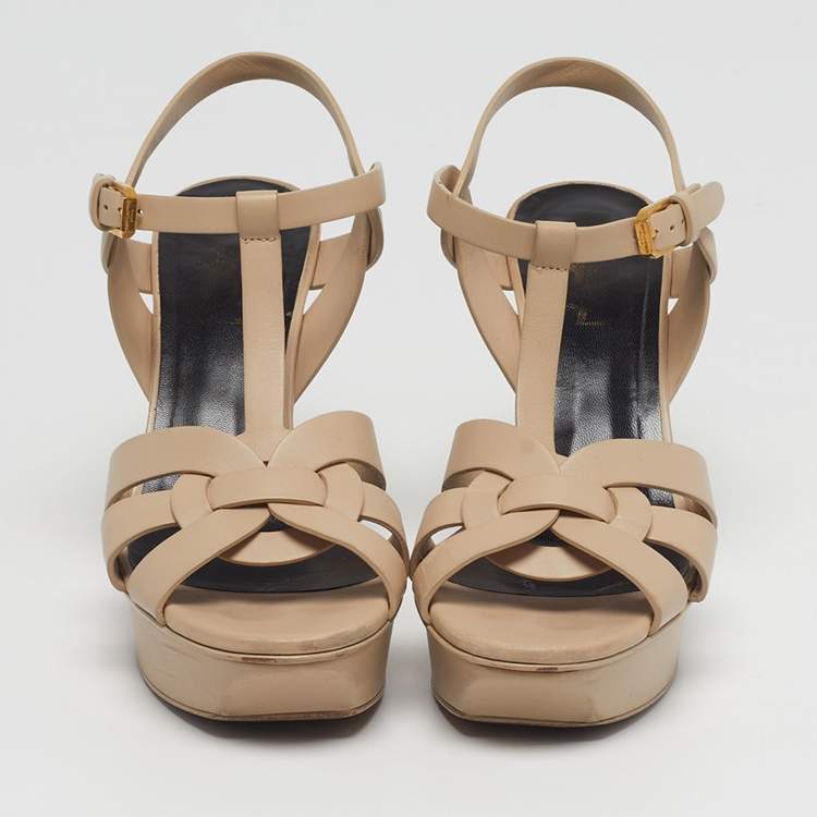 Pre Owned Saint Laurent Tribute Size 37 Beige Leather Platform Sandals
