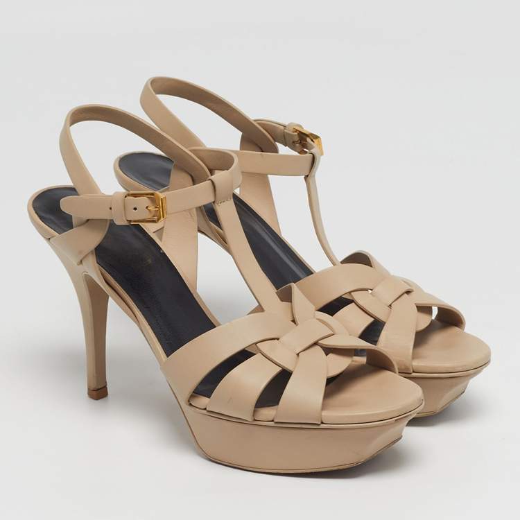 Pre Owned Saint Laurent Tribute Size 37 Beige Leather Platform Sandals