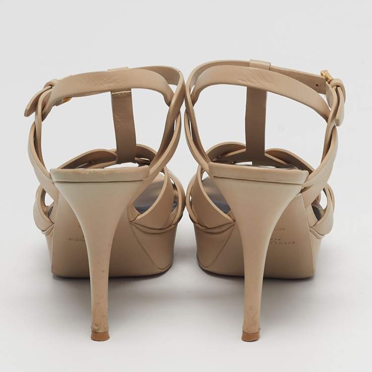 Pre Owned Saint Laurent Tribute Size 37 Beige Leather Platform Sandals