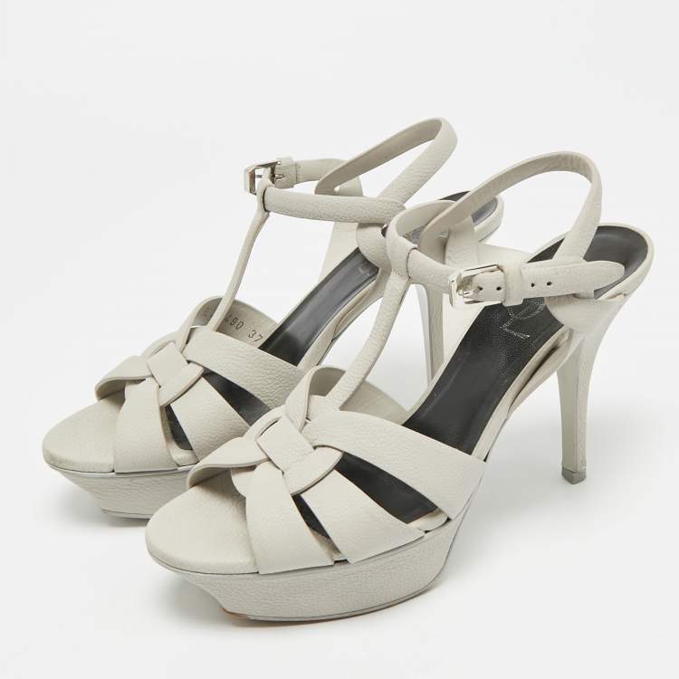 Pre Owned Saint Laurent Tribute Size 37 Grey Leather Ankle Strap Sandals