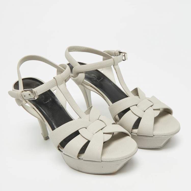 Pre Owned Saint Laurent Tribute Size 37 Grey Leather Ankle Strap Sandals