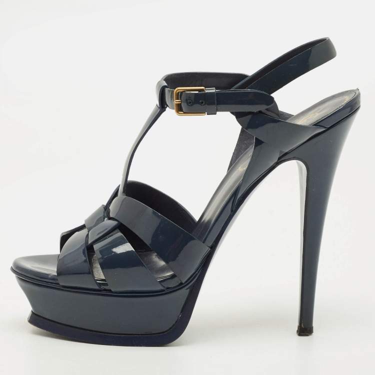 Pre Owned Saint Laurent Tribute Size 37 Navy Blue Patent Leather Platform Sandals
