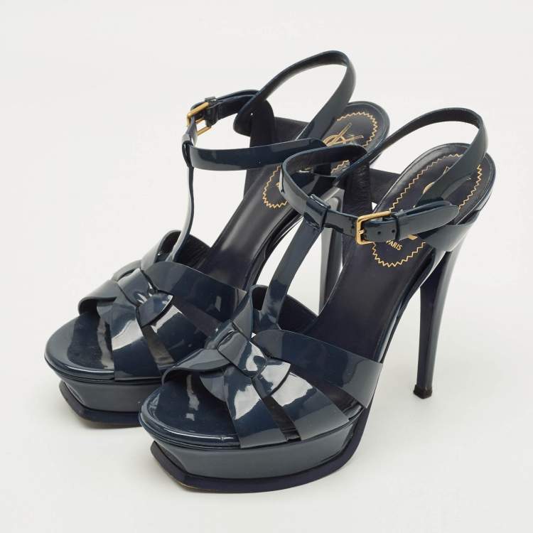 Pre Owned Saint Laurent Tribute Size 37 Navy Blue Patent Leather Platform Sandals