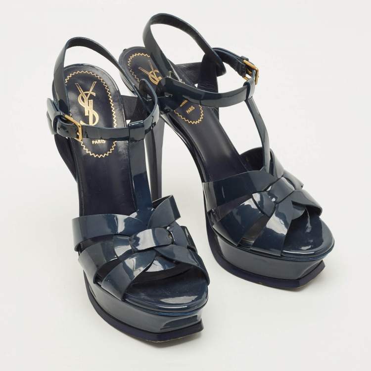 Pre Owned Saint Laurent Tribute Size 37 Navy Blue Patent Leather Platform Sandals