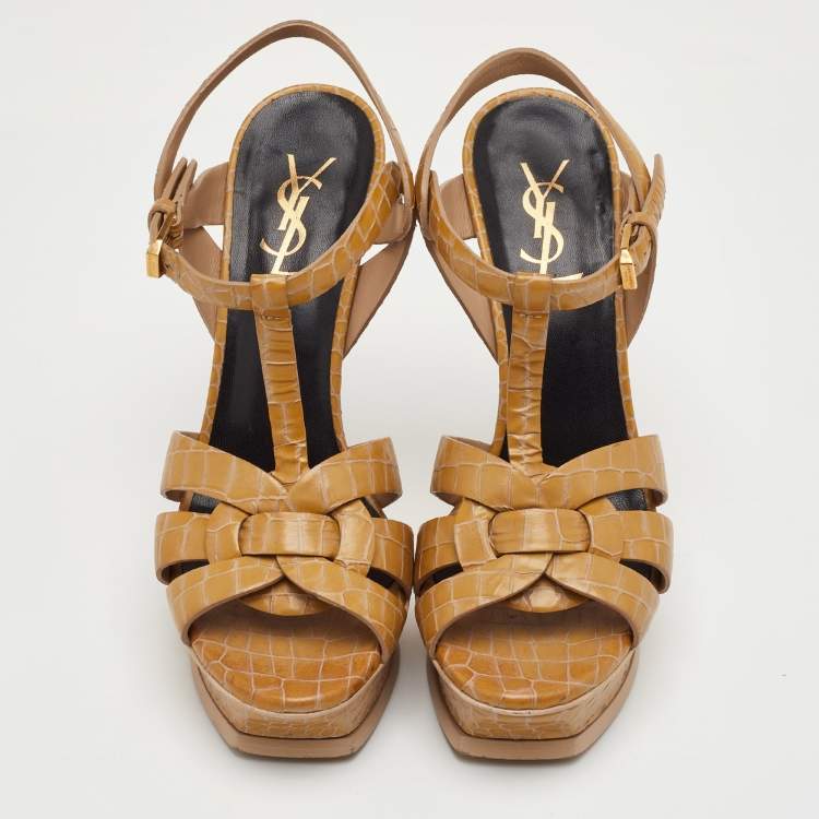 Pre Owned Saint Laurent Tribute Size 38 Beige Croc Embossed Leather Platform Sandals