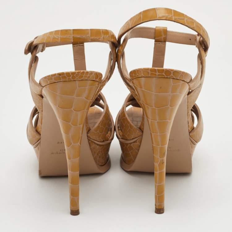 Pre Owned Saint Laurent Tribute Size 38 Beige Croc Embossed Leather Platform Sandals