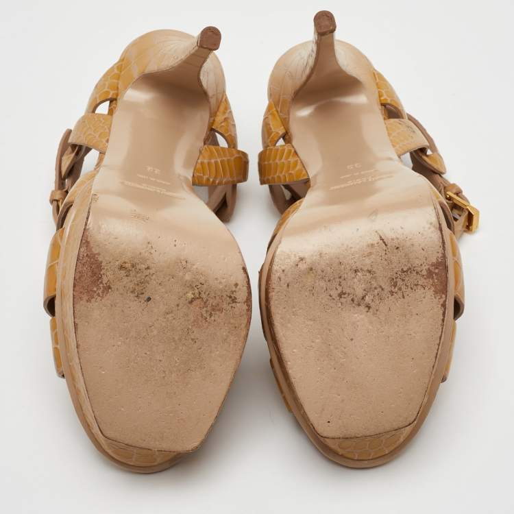 Pre Owned Saint Laurent Tribute Size 38 Beige Croc Embossed Leather Platform Sandals