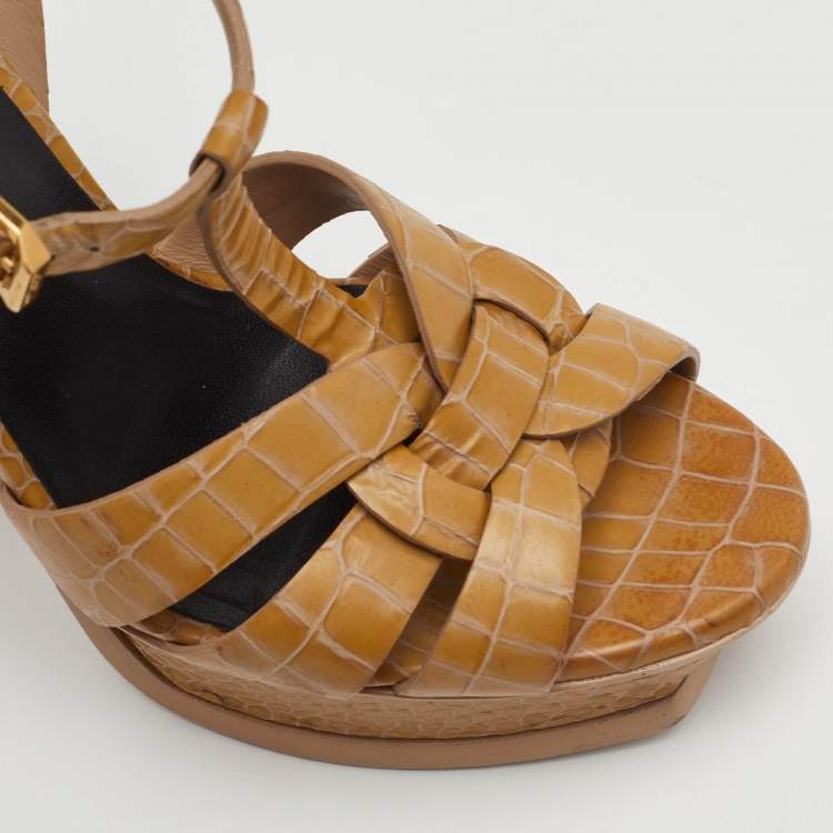 Pre Owned Saint Laurent Tribute Size 38 Beige Croc Embossed Leather Platform Sandals