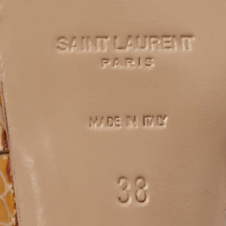 Pre Owned Saint Laurent Tribute Size 38 Beige Croc Embossed Leather Platform Sandals