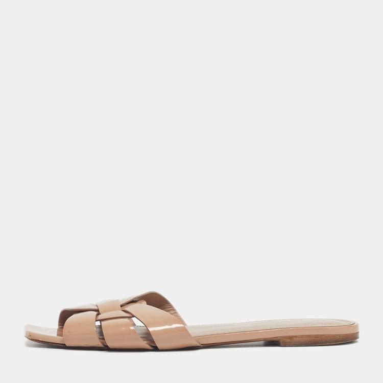 Pre Owned Saint Laurent Tribute Size 40 Beige Patent Leather Flat Sandals