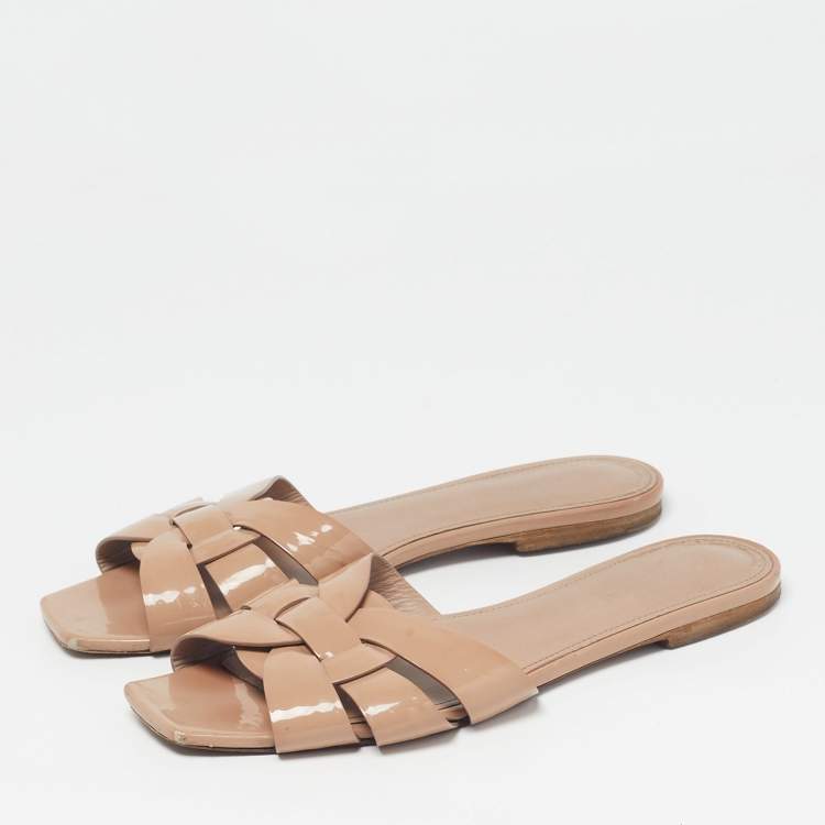 Pre Owned Saint Laurent Tribute Size 40 Beige Patent Leather Flat Sandals