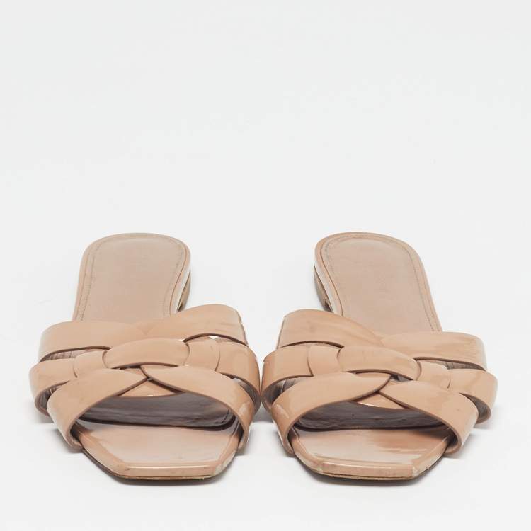 Pre Owned Saint Laurent Tribute Size 40 Beige Patent Leather Flat Sandals