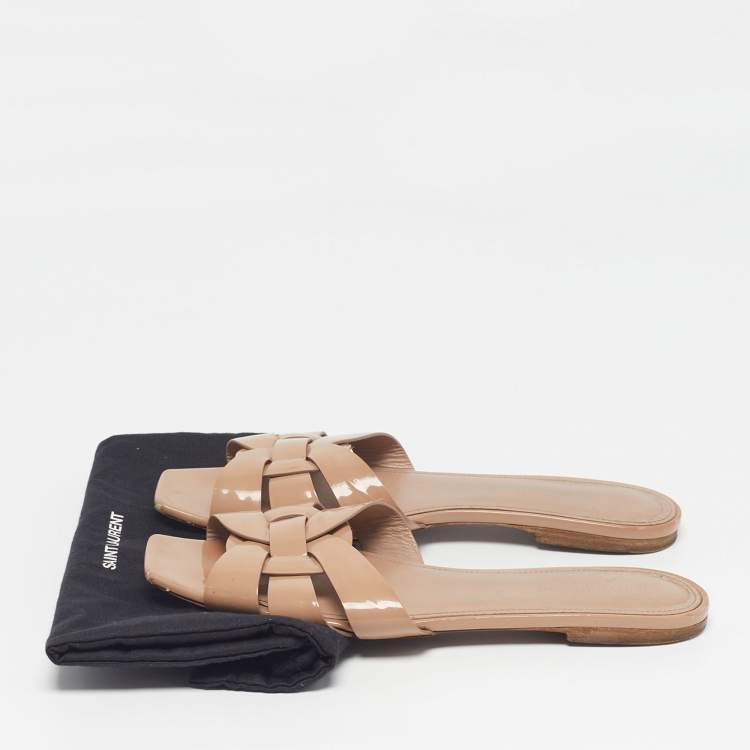Pre Owned Saint Laurent Tribute Size 40 Beige Patent Leather Flat Sandals