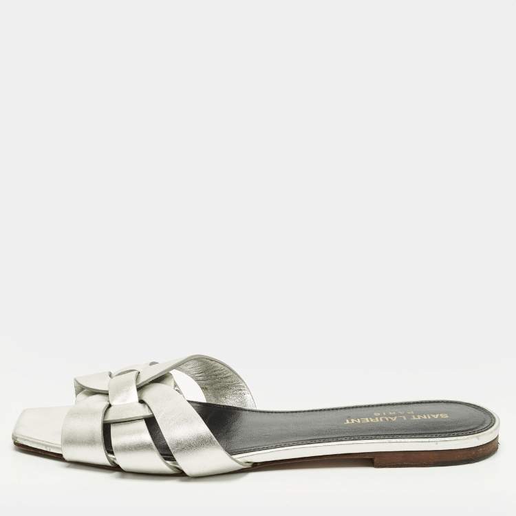 Pre Owned Saint Laurent Tribute Size 39 Silver Leather Flat Slide
