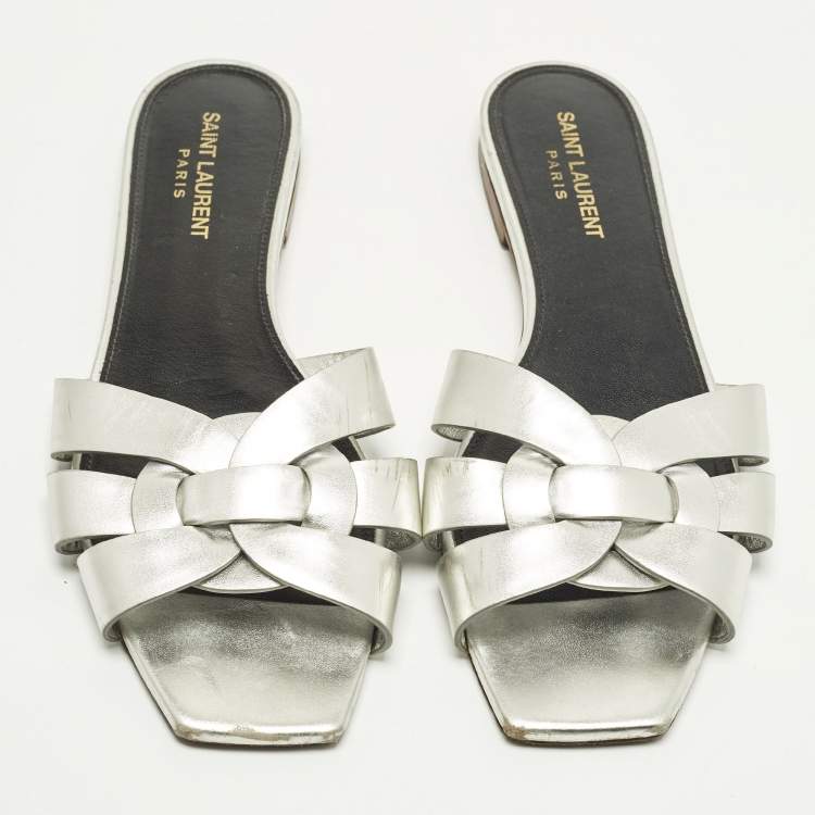 Pre Owned Saint Laurent Tribute Size 39 Silver Leather Flat Slide