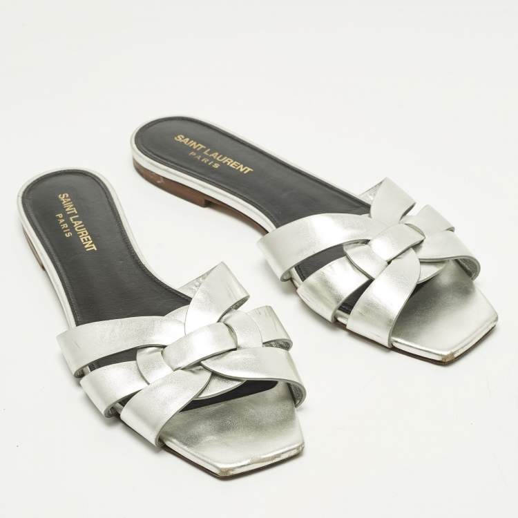 Pre Owned Saint Laurent Tribute Size 39 Silver Leather Flat Slide