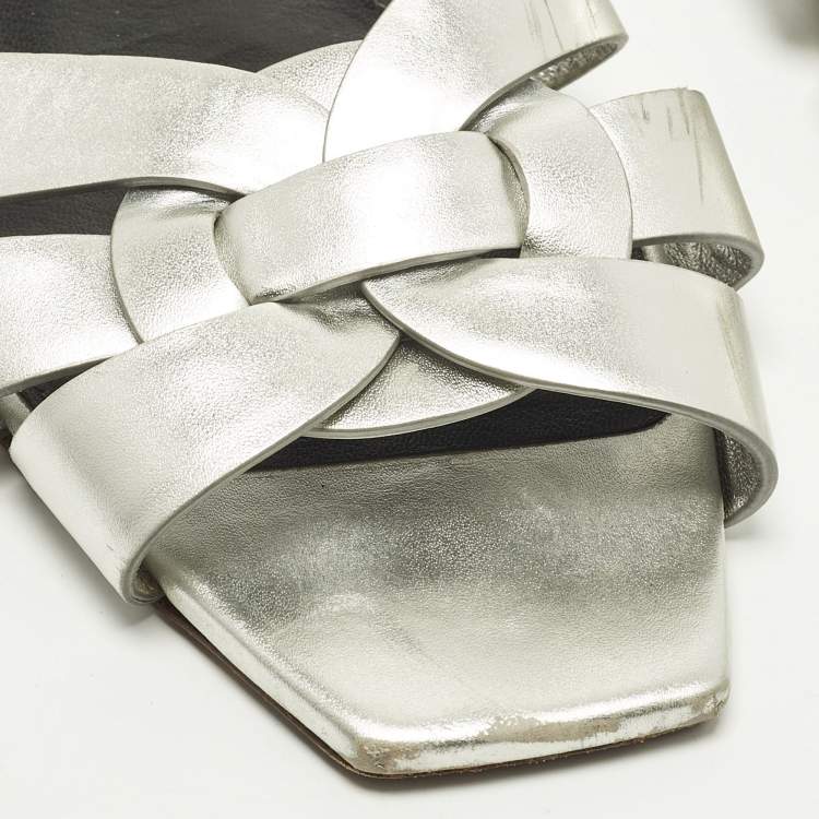 Pre Owned Saint Laurent Tribute Size 39 Silver Leather Flat Slide