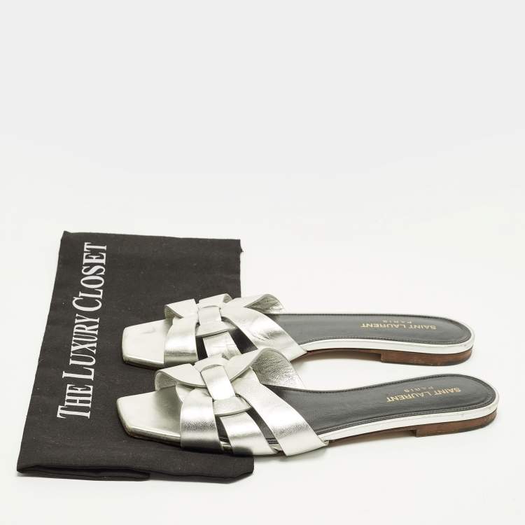 Pre Owned Saint Laurent Tribute Size 39 Silver Leather Flat Slide