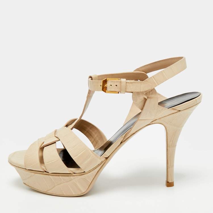Pre Owned Saint Laurent Paris Tribute Size 38.5 Beige Croc Embossed Leather Ankle Strap Sandals