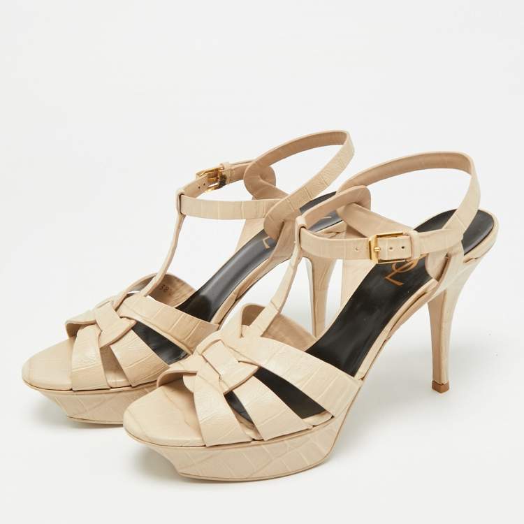 Pre Owned Saint Laurent Paris Tribute Size 38.5 Beige Croc Embossed Leather Ankle Strap Sandals