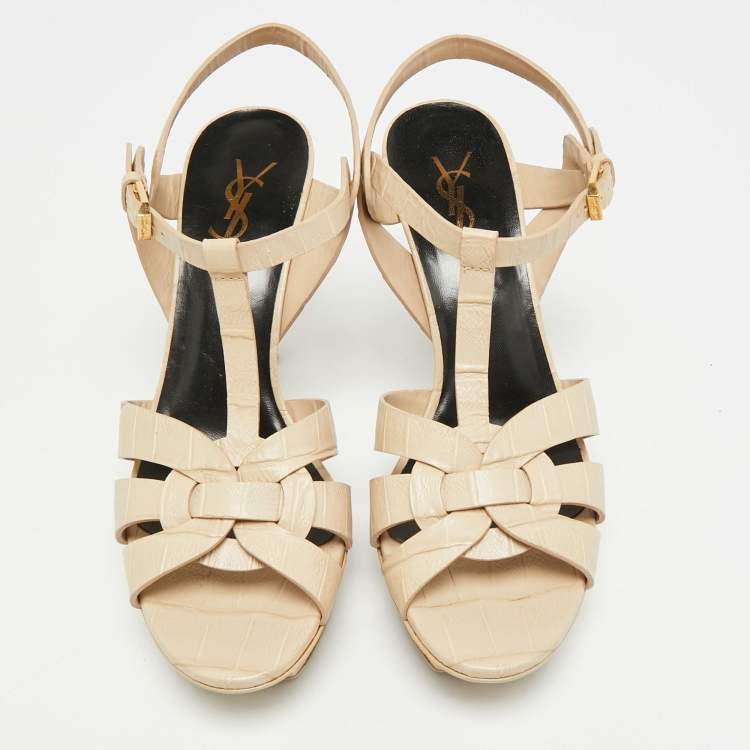 Pre Owned Saint Laurent Paris Tribute Size 38.5 Beige Croc Embossed Leather Ankle Strap Sandals