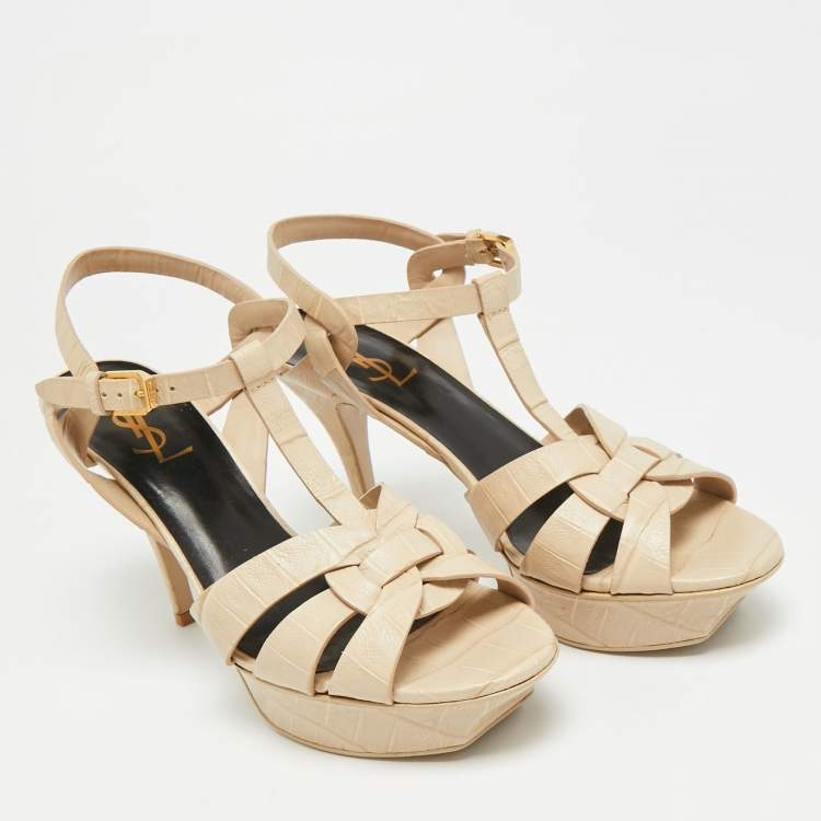 Pre Owned Saint Laurent Paris Tribute Size 38.5 Beige Croc Embossed Leather Ankle Strap Sandals