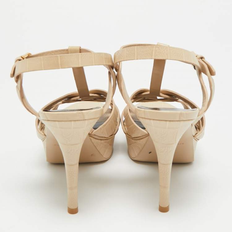 Pre Owned Saint Laurent Paris Tribute Size 38.5 Beige Croc Embossed Leather Ankle Strap Sandals