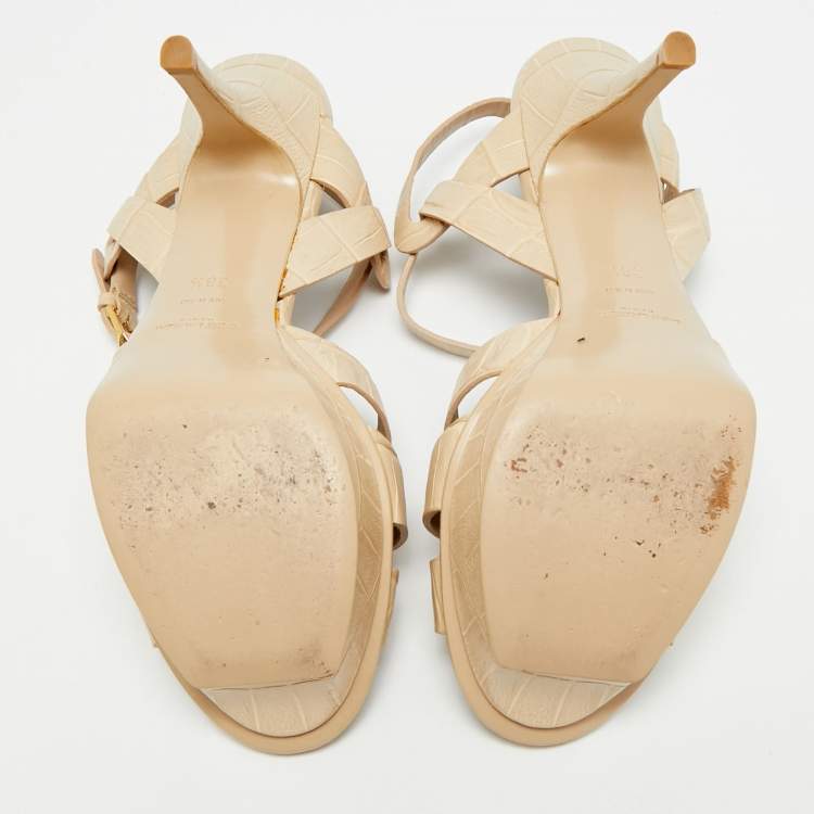 Pre Owned Saint Laurent Paris Tribute Size 38.5 Beige Croc Embossed Leather Ankle Strap Sandals
