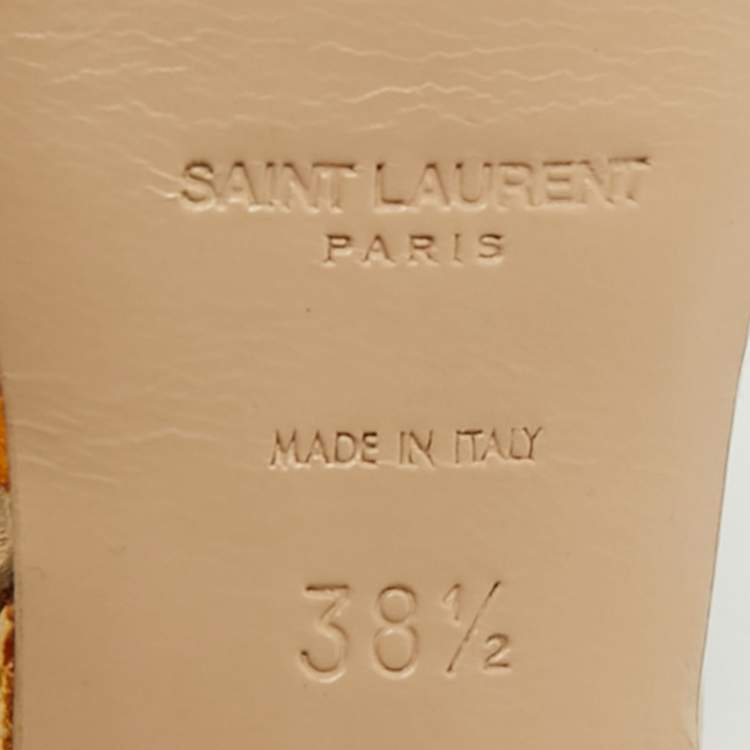 Pre Owned Saint Laurent Paris Tribute Size 38.5 Beige Croc Embossed Leather Ankle Strap Sandals