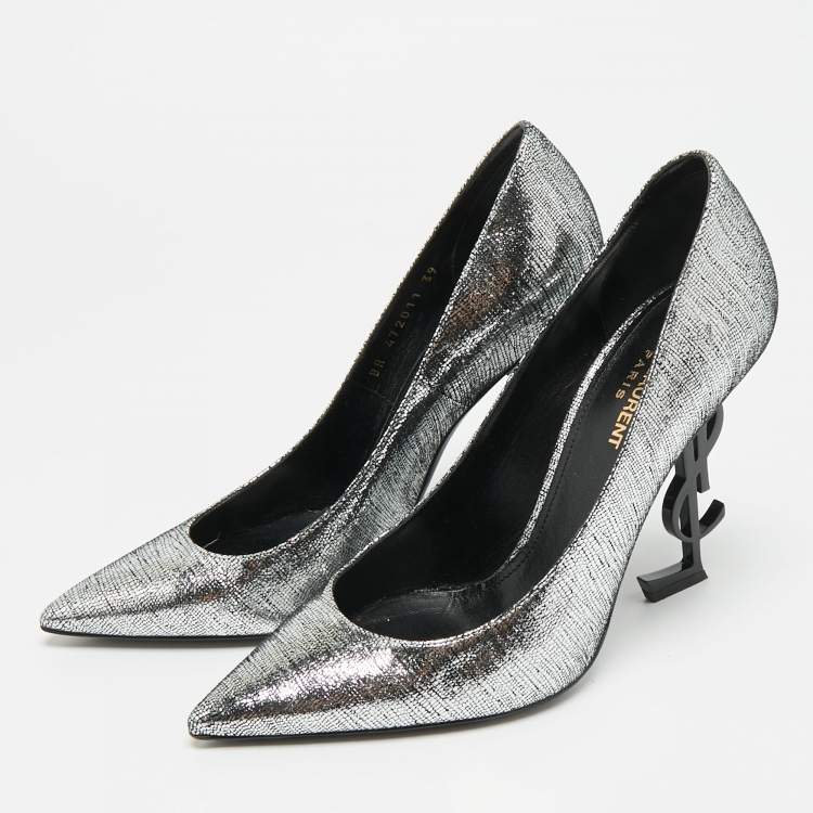 Pre Owned Saint Laurent Opyum Size 39 Silver Texture Suede Pumps