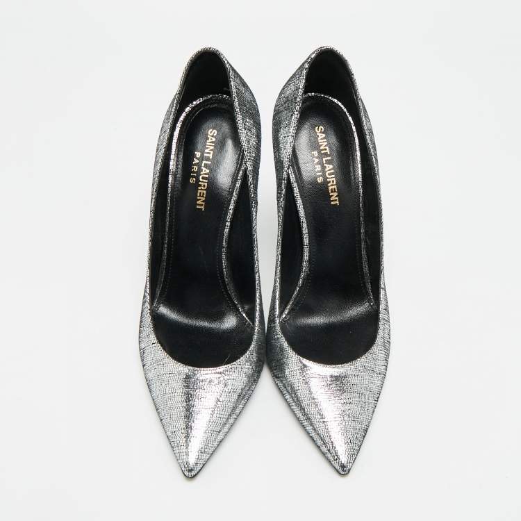 Pre Owned Saint Laurent Opyum Size 39 Silver Texture Suede Pumps