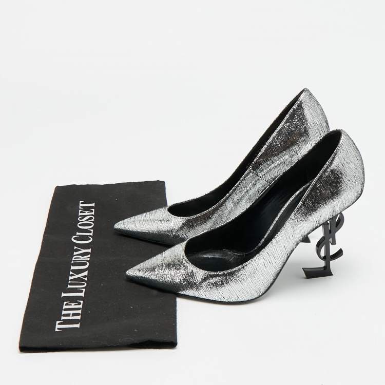 Pre Owned Saint Laurent Opyum Size 39 Silver Texture Suede Pumps