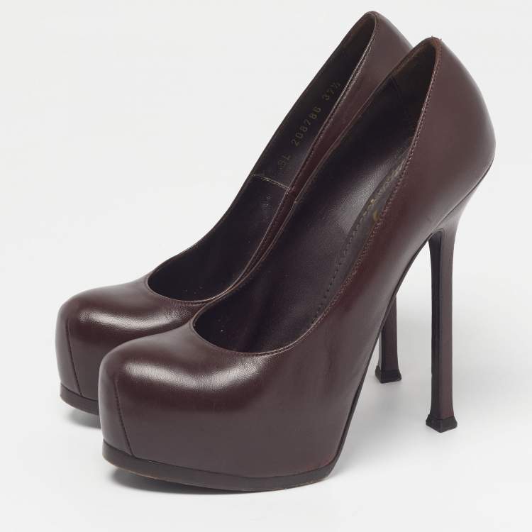 Pre Owned Saint Laurent Tribtoo Size 37.5 Brown Leather Platform Pumps