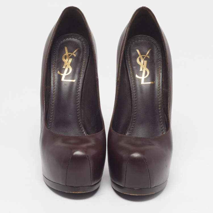 Pre Owned Saint Laurent Tribtoo Size 37.5 Brown Leather Platform Pumps