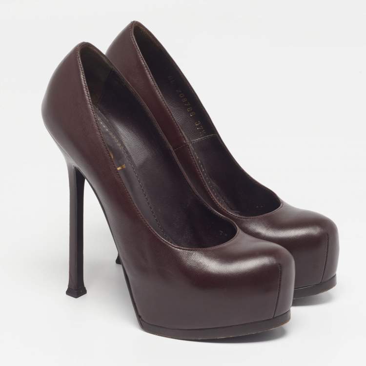 Pre Owned Saint Laurent Tribtoo Size 37.5 Brown Leather Platform Pumps