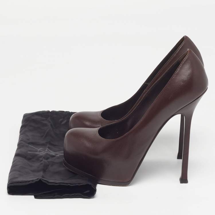 Pre Owned Saint Laurent Tribtoo Size 37.5 Brown Leather Platform Pumps