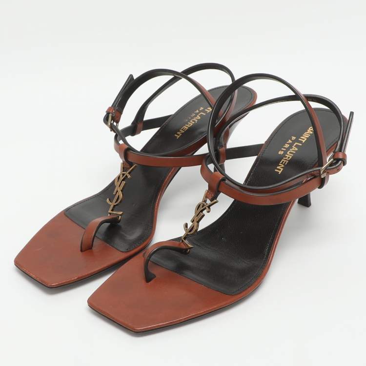 Pre Owned Saint Laurent Cassandra Size 38.5 Brown Leather Ankle Strap Sandals